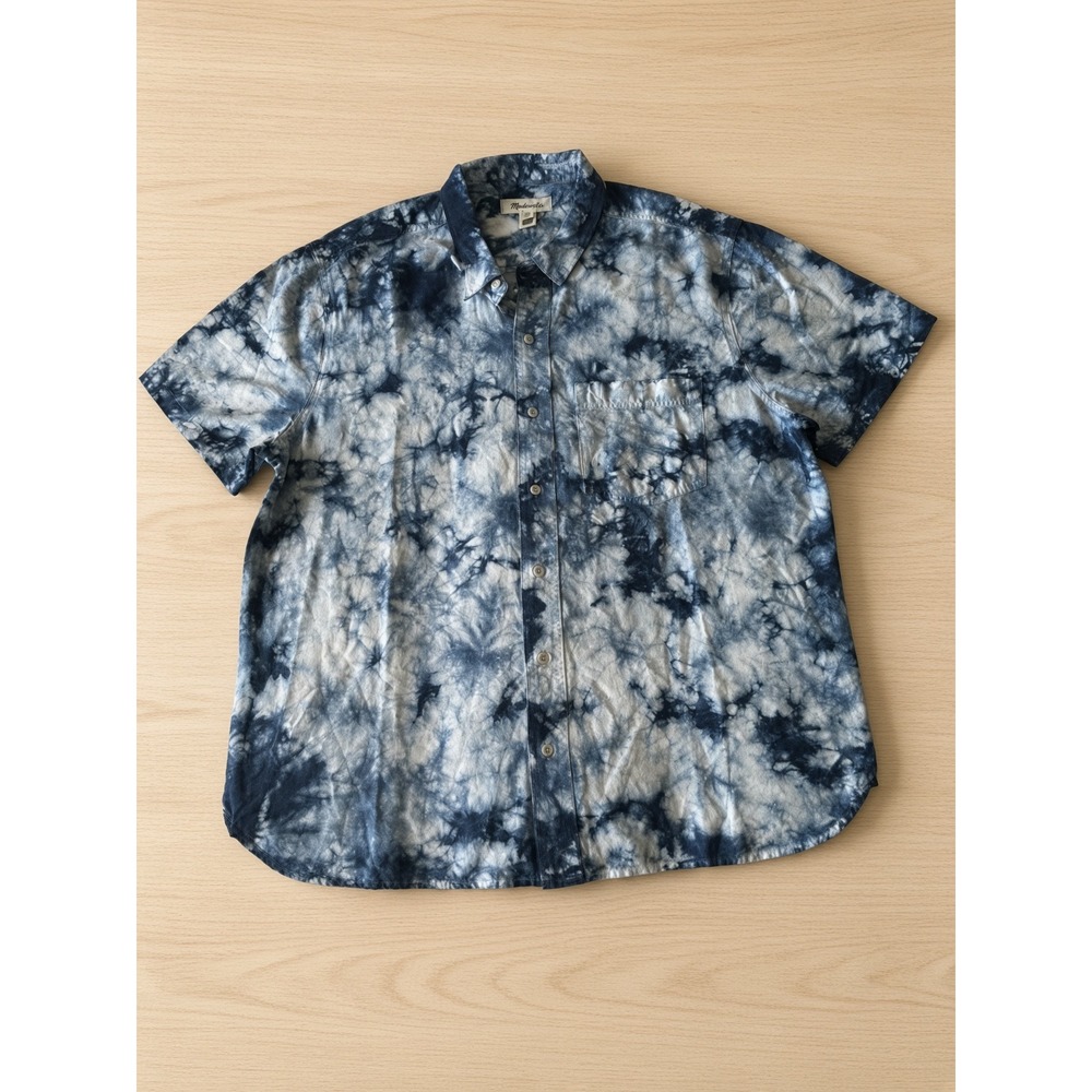 Madewell Mens XL Tie Dye Short Sleeve Button Down Shirt Indigo Blue AM043 NEW
